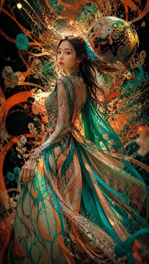 Surreal Couture Dancer Portrait — Create a vertical cinematic fantasy fashion portrait of a graceful woman dancing in a surreal abstract environment, shown from