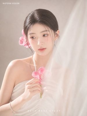 Soft Haze Orchid Studio Portrait — Create a vertical 3:4 high-key creamy soft-haze studio portrait of a young woman in a strapless white draped dress, photograp