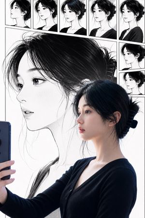 Real Woman with Manga Counterpart Selfie — Create a vertical 2:3 mixed live-action and manga portrait showing an East Asian young woman taking a mirror-style se