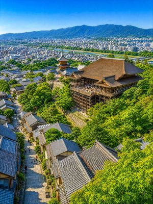 Summer Kyoto Temple Overlook — Create a highly detailed photorealistic summer travel landscape of Kyoto viewed from an elevated hillside, looking down over a li