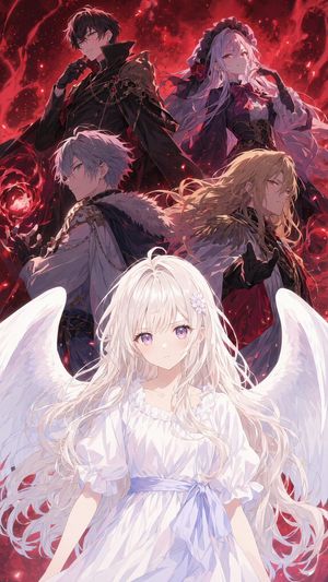 Angel Surrounded by Four Villains — Create a dramatic vertical anime fantasy key visual featuring {argument name="main character" defaul…