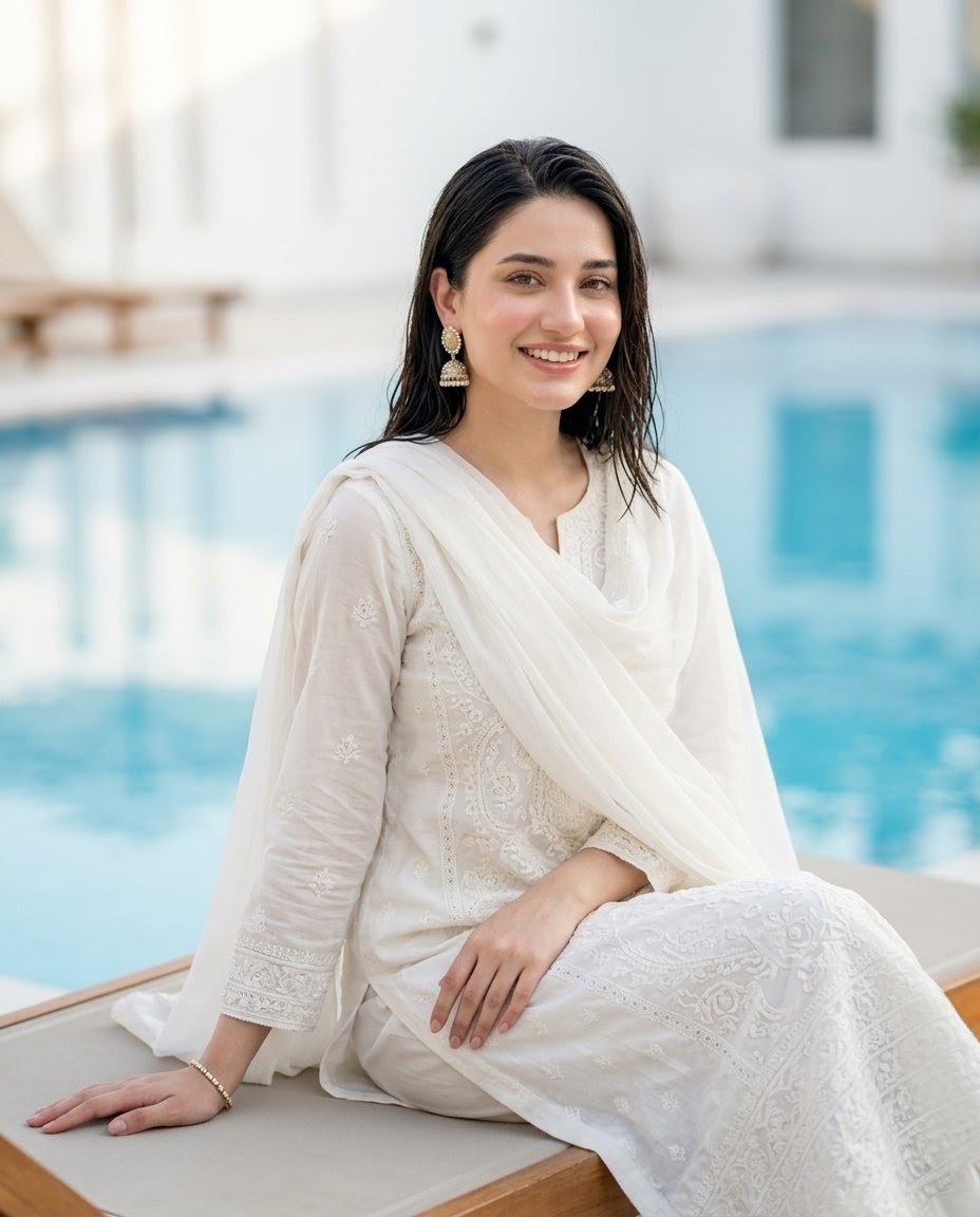 White Pakistani Poolside Fashion Portrait