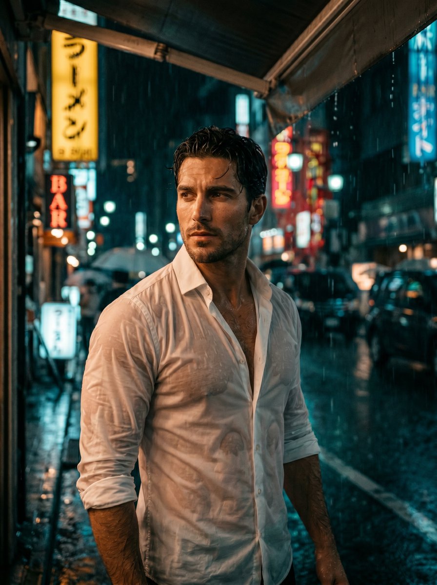 Sample output image for Rainy Night Cinematic Masculine Portrait