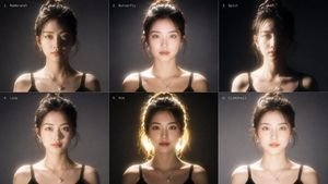 GPT Image 2 Portrait Lighting Reference — Zone 1 (top-left): Rembrandt lighting, key 45° elevated camera left, fill -45° camera right 0.5x, dramatic triangle on