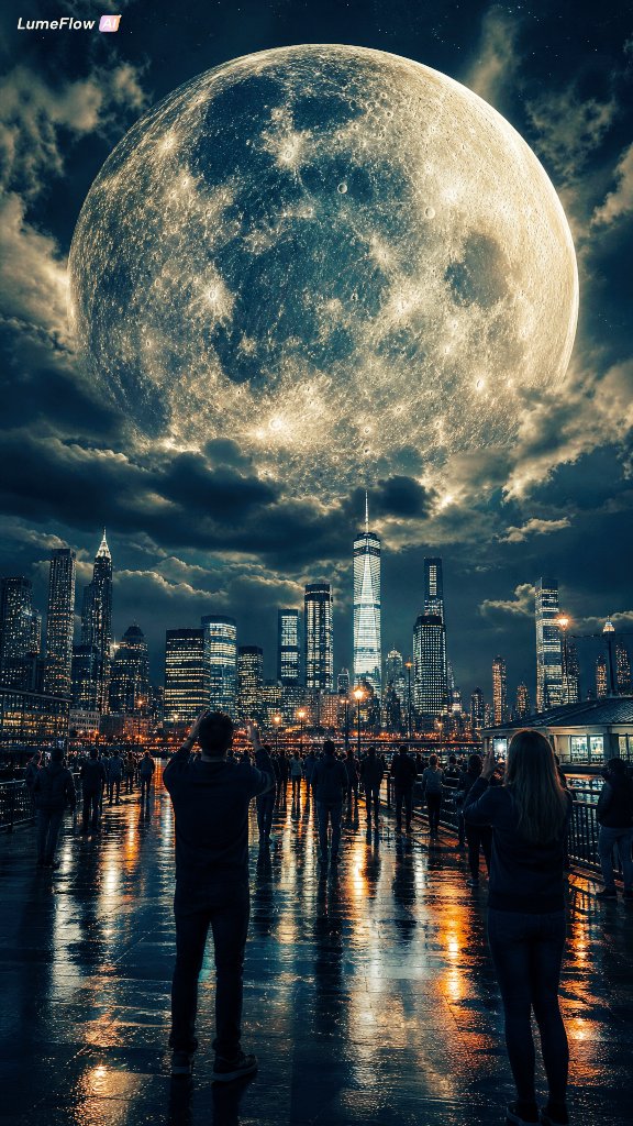 Gigantic Moon Over City Skyline