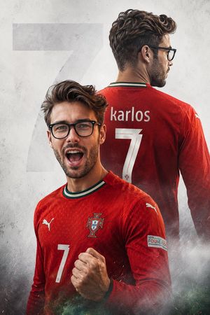 Custom Football Poster Double Exposure — Create a high-quality 8K sports poster from the uploaded photo, keeping the original face unchanged. Dress him in the l