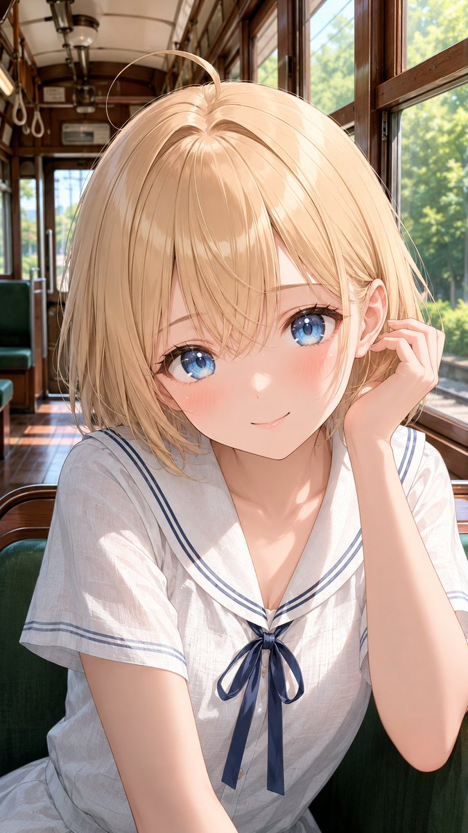Shy Anime Girl on Summer Tram