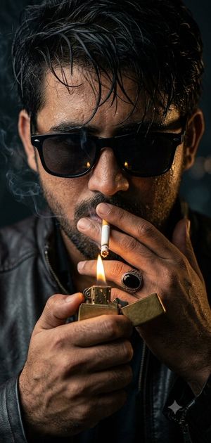 Moody Portrait with Cigarette Lighter — Use 100% face above uploaded photo. Create an ultra-realistic, moody portrait of the {argument name="subject" default="y