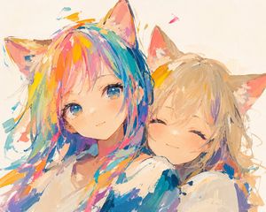 Rainbow Haired Cat Girl Illustration AI image template preview