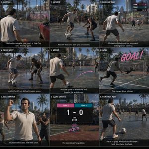GTA Storyboard Prompt — Create a 3x3 GTA 6 gameplay storyboard image showing Micheal Playing football