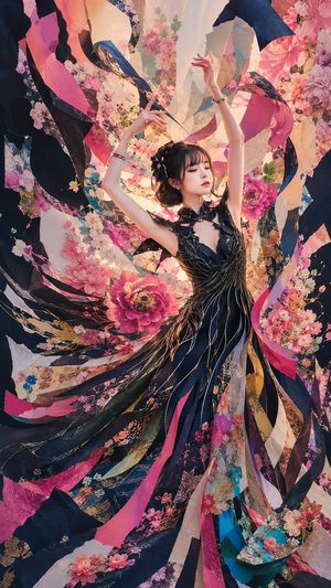 Floral Ribbon Couture Dancer — Create a vertical fantasy fashion editorial portrait of {argument name="character name" default="a graceful young woman"} dancing