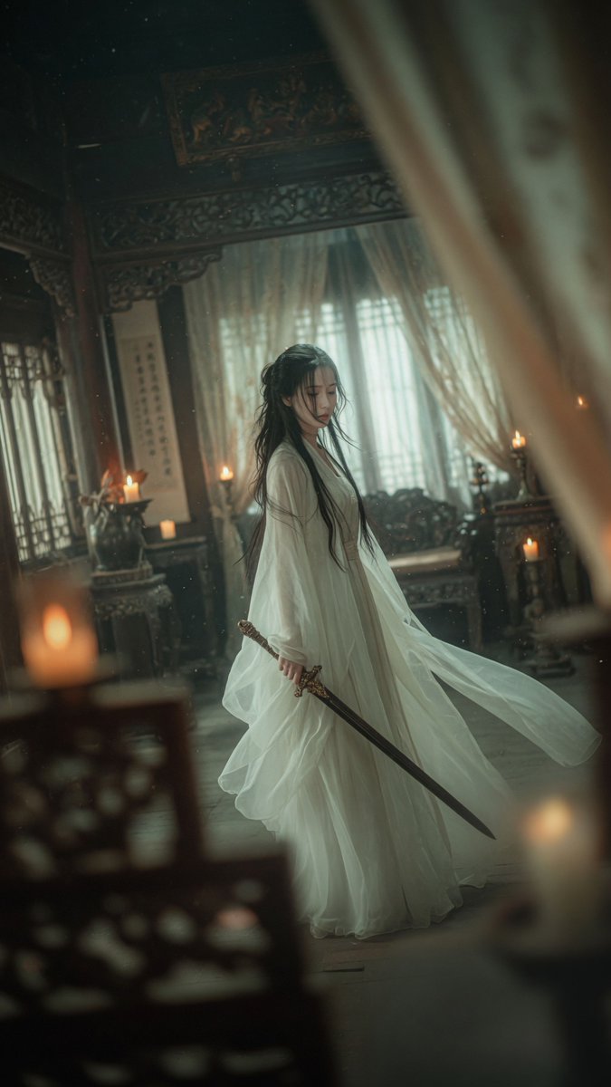 Cinematic Wuxia Swordswoman in Candlelit Chamber