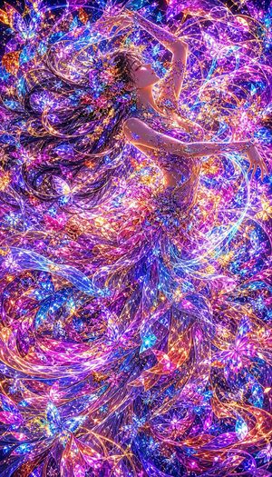 Neon Butterfly Fairy Dancer — Create a vertical 2:3 ultra-detailed anime fantasy illustration of one ethereal dancing woman surrounded by a dense storm of lumin