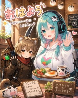 Cozy Anime Morning Livestream — Create a warm, detailed anime-style morning livestream illustration inside a cozy wooden cabin cafe.…