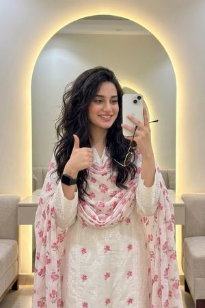 Backlit Mirror Selfie in Floral Shalwar Kameez AI image template preview