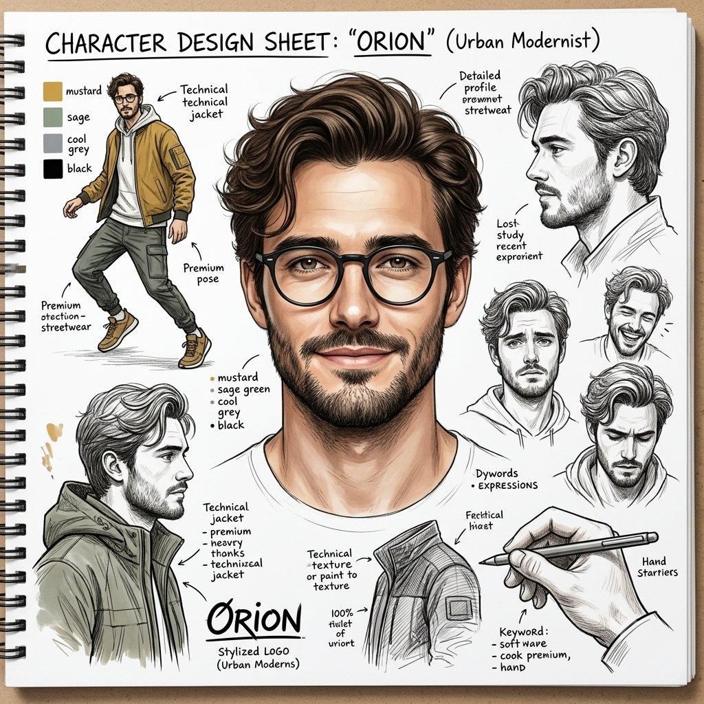 Sample output image for Cinematic Character Design Sketchbook Sheet