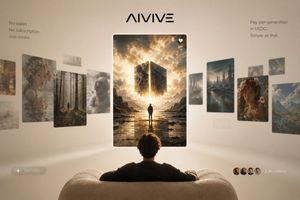 AIVIVE Immersive AI Gallery Hero — Goal: Create a premium landing-page hero image for {argument name="brand name" default="AIVIVE"}, pr…