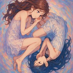Anime Yin-Yang Twin Girls — Create a square anime-style illustration of two young women forming a yin-yang taijitu composition w…