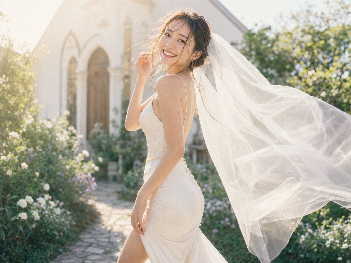 Sunlit Garden Bride with Flowing Veil