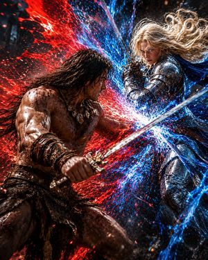 Red and Blue Fantasy Sword Clash — Create a dramatic vertical fantasy battle scene titled {argument name="scene title" default="Encounter Confrontation"}: two w