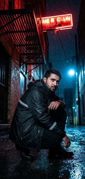 Low Angle Neon Alley Shot — A dynamic low-angle shot of {argument name="subject" default="your face"} crouching in a damp alley, resting one arm on your knee. Y