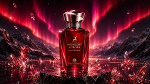Midnight Aurora Luxury Perfume Ad — Create an ultra-premium luxury product photography scene in vertical format featuring a fictional niche perfume called “{arg