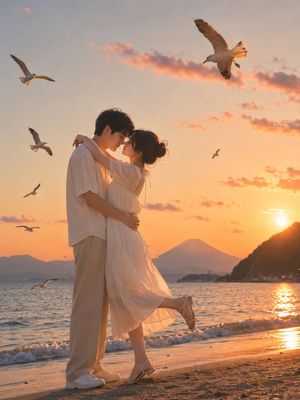 Romantic Zushi Beach Sunset Couple AI image template preview