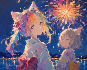 Rainbow Haired Cat Girl Illustration AI image template preview