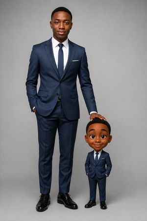 Executive Portrait With Mini Caricature — Create a premium studio portrait on a vertical full-body canvas showing exactly 2 versions of the same person: one rea