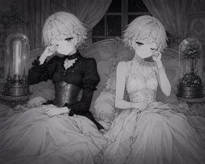 Gothic Twin Bedroom Manga — Create a monochrome grayscale anime manga illustration of two delicate twin-like young women sitting side by side on an ornate Victo