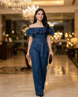 Luxury Lobby Denim Jumpsuit Portrait AI image template preview