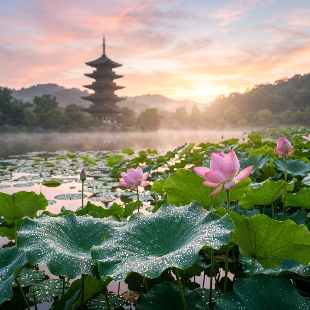 Sample output image for Dewy Lotus Sunrise Landscape