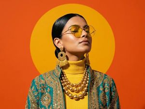 Photorealistic South Asian Woman in Retro Sun Setting — Create a photorealistic {argument name="subject" default="South Asian woman with sleek dark hair pul…