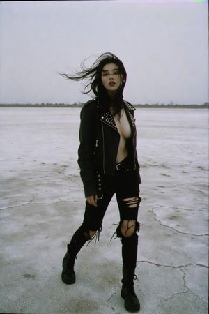 VHS Aesthetic Punk Streetwear — A captivating young woman in her early 20s, {argument name="ethnicity" default="Japanese or Korean"}, dressed in {argument name=