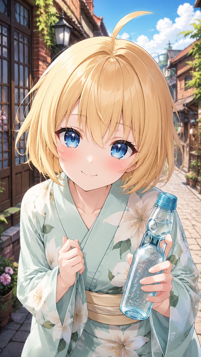 Blonde Yukata Girl Holding Ramune