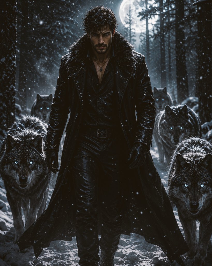Man and Wolves Snowy Forest