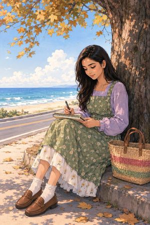Anime Girl Sketch by the Sea AI image template preview