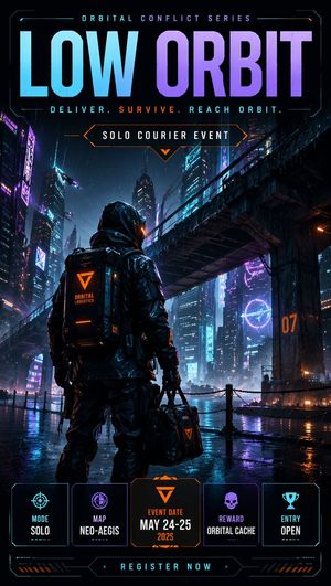 Cyberpunk Esports Courier Poster — Goal: Create a vertical cyberpunk esports action poster for a futuristic solo courier event titled {…