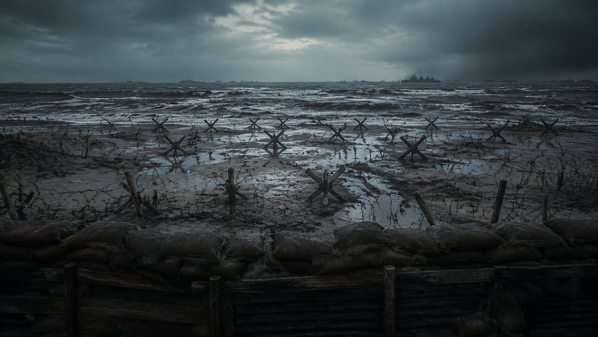 二战风暴海滩防御工事 / Stormy WWII Beach Defenses,角色设计,35mm、电影感、插画,案例输出图 1