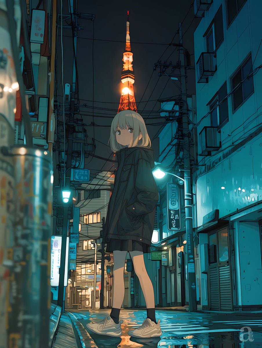 Anime Girl in Rainy Tokyo Alley