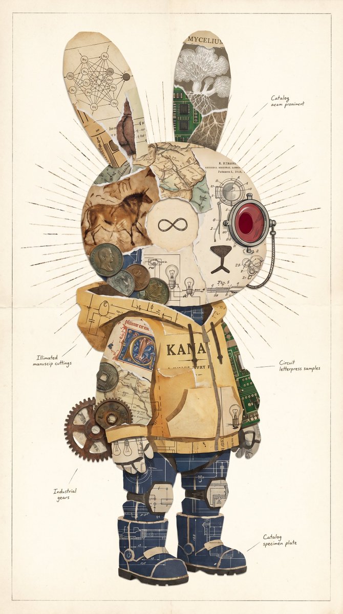 复古兔子拼贴标本 / Vintage Rabbit Collage Specimen,角色设计,插画、角色、城市视觉,案例输出图 1