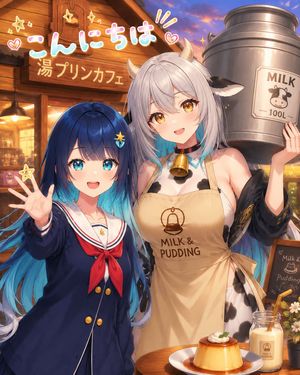 Anime Milk Pudding Café Greeting — Create a vibrant anime-style café greeting illustration at sunset featuring exactly two female chara…