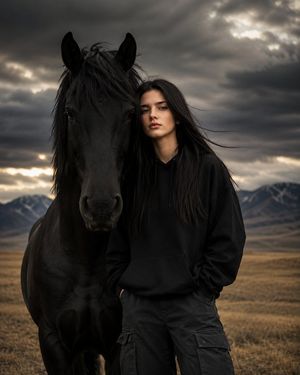 Mythical Woman and Black Horse Portrait AI image template preview