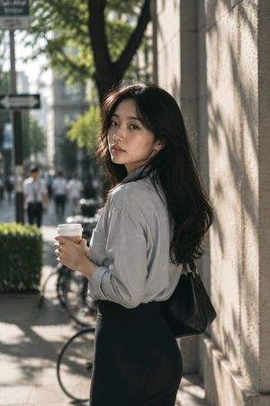 Realistic Tokyo Street Photography — 年轻亚洲上班族女性，{argument name="年龄" default="25岁"}，长黑发自然披肩，五官精致立体有气质，皮肤白皙，淡妆，温柔安静气质。穿{argument name="穿搭" default="浅灰色衬衫与黑色长裙"}，手里