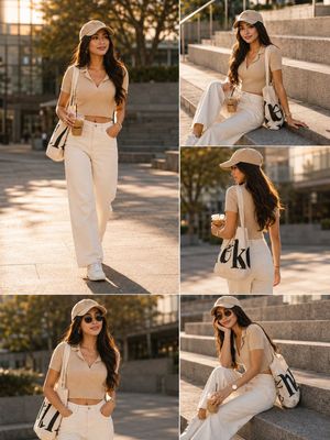 Sunlit Urban Golden Hour Fashion Portrait — Full-body fashion portrait of a young woman in a {argument name="setting" default="sunlit urban plaza"} during golde