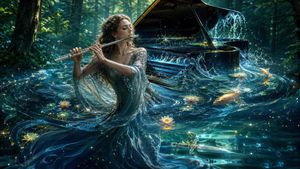 Undine Flutist in Enchanted Lake — Create a cinematic fantasy illustration of {argument name="character name" default="Undine"}, a water-nymph flutist standing 