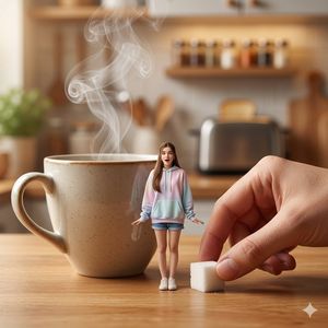 Tiny Woman Beside Giant Coffee Cup AI image template preview
