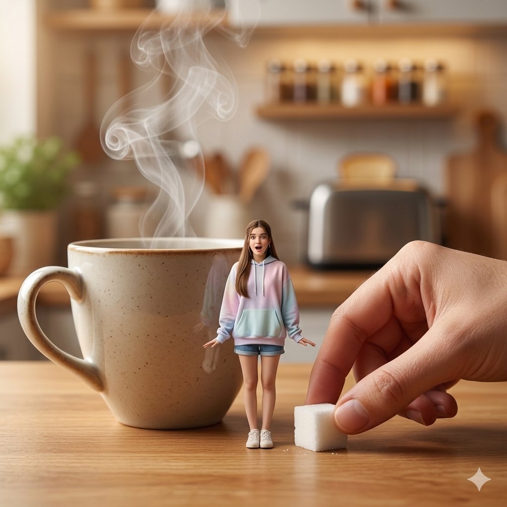 Tiny Woman Beside Giant Coffee Cup
