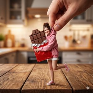 Miniature Woman Hugging Giant Chocolate AI image template preview