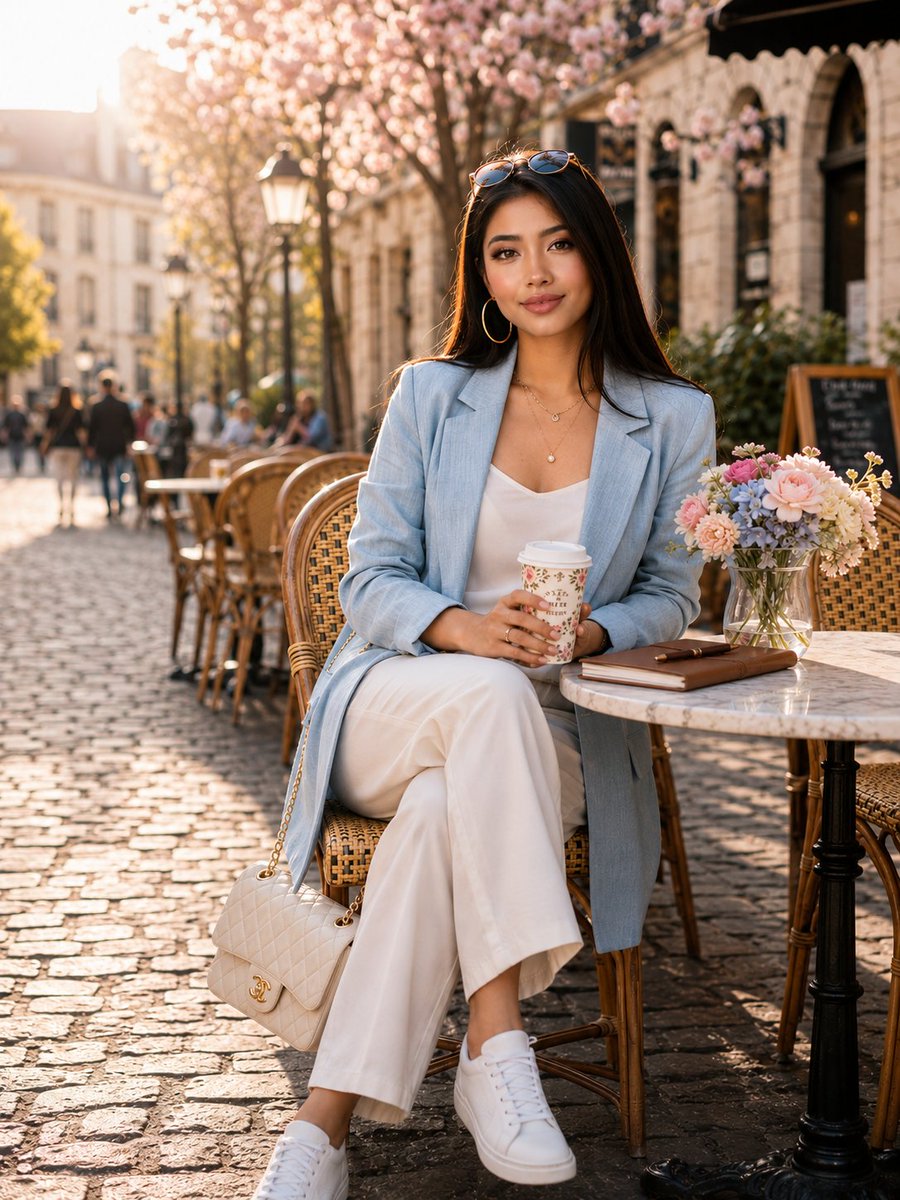 Sunlit Street Cafe Fashion Portrait